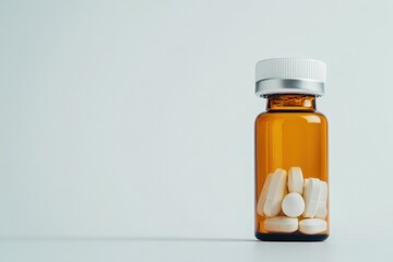 Amber bottle showcases white pills against minimalistic backgrou