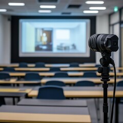 A classroom setting with a projector screen displaying a live podcast. --v 6.1 Job ID: 166229f8-2edf-434b-ac54-3e423d1ab7e1