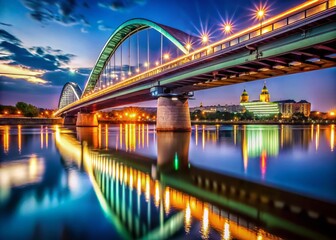 Obraz premium Nightscape Apollo Bridge Bratislava, Danube River, Slovakia, illuminated bridge, city lights, night photography