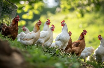 Fototapeta premium A Group of Chickens Walking in a Lush Green Field Under Soft Morning Light in a Farm Setting with a Basket Nearby