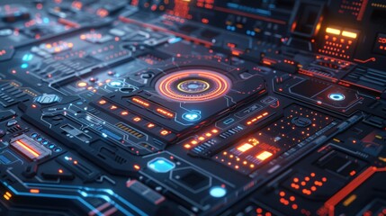 Fototapeta premium Futuristic Digital Circuit Board in Vibrant Blue and Orange Colors