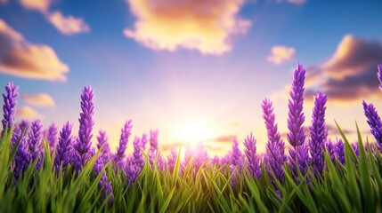 Fototapeta premium Vibrant Purple Lavender Field at Sunset, Serene Nature Landscape