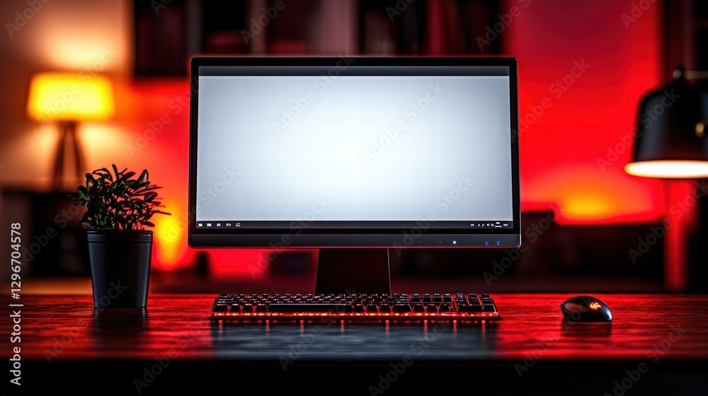 Poster computer monitor with a mouse on a desk in a modern workspace setting for productivity and focus