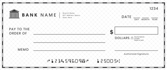 Fototapeta premium Bank check, vector blank money cheque, checkbook template with guilloche pattern and fields. Currency payment coupon, money check background