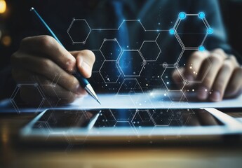 Person Writing on Paper with Digital Overlays and Tablet Nearby