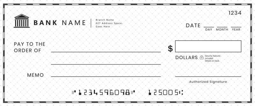 Bank check, vector blank money cheque, checkbook template with guilloche pattern and fields. Currency payment coupon, money check background