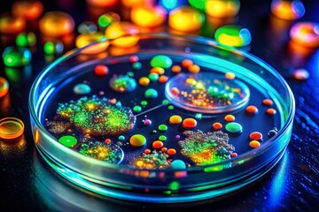 Nighttime Microscopic View: Bacteria & Viruses in Petri Dish, Food Science Lab Research