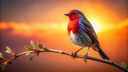 Elegant bird perched on a branch with dark red feathers background and subtle sunset glow, nature