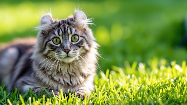 American curl cat lying on a sunny lawn outdoor