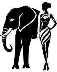 Stylized Black and White Illustration of Elegant Woman and Elephant – Minimalist Fashion Sketch with Retro Aesthetic