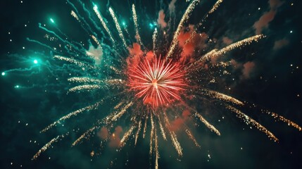 Colorful Fireworks Bursting at Night Celebration with Red and Teal Colors