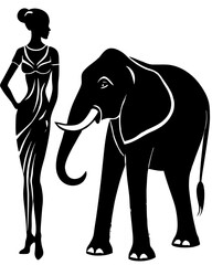 Stylized Black and White Illustration of Elegant Woman and Elephant – Minimalist Fashion Sketch with Retro Aesthetic