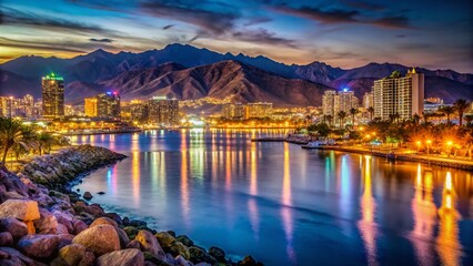 Obraz premium Night View of Eilat, Israel from Aqaba, Jordan - Long Exposure Cityscape Photography