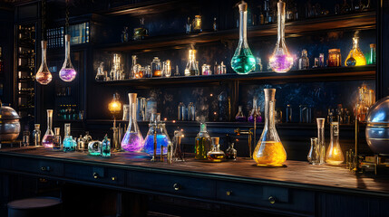 lab infused with baroque elegance, featuring gilded arches, swirling motifs, and dramatic lighting over scientific instruments 