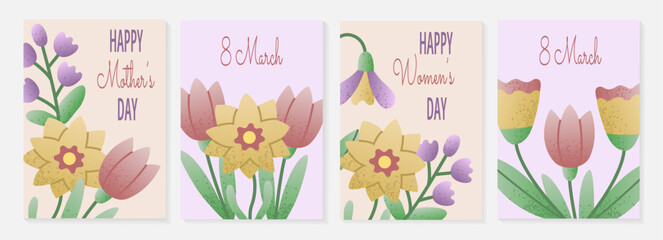 Set of floral greeting card designs featuring spring flowers like tulips, daffodils, and bellflowers with text for Mother's Day and 8 March celebrations. Perfect for seasonal and festive projects.