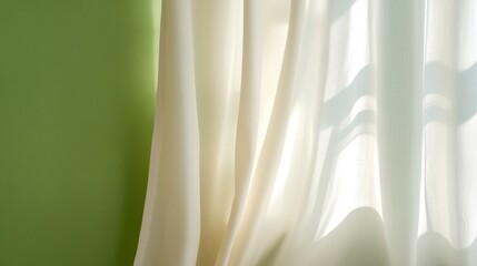 White Sheer Curtains Draped Against a Green Wall, Sunlight Streaming Through