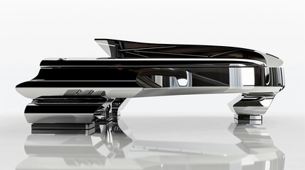 A grand piano with polished black surfaces, isolated on a pure white background. The high-definition image captures the reflection and fine craftsmanship.