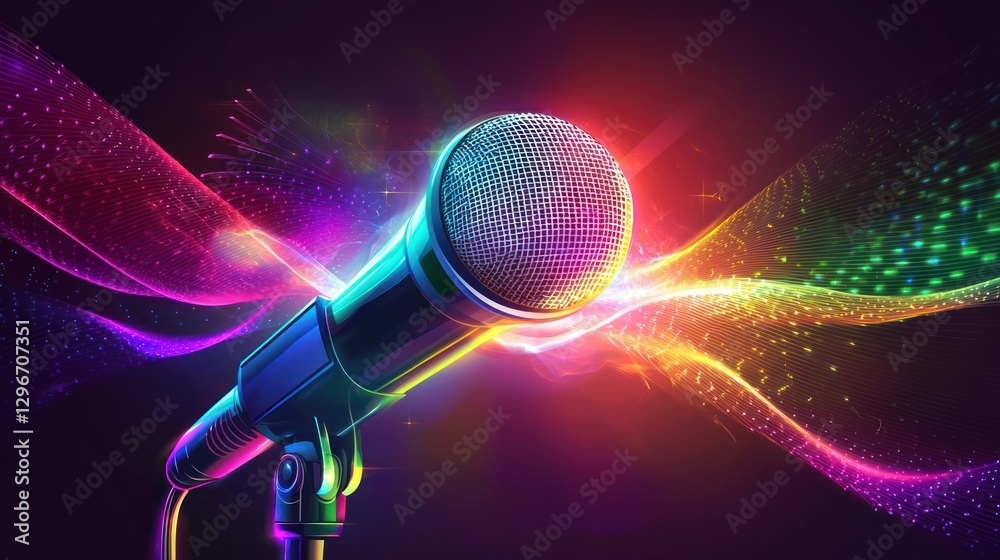 Poster a clean vector illustration of a podcast microphone with sound waves emanating outward.