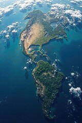 A Panoramic View of a Continential Landmass Surrounded by a Vast Ocean, Featuring Lush Green Vegetation, Sandy Beaches, and Coastal Inlets