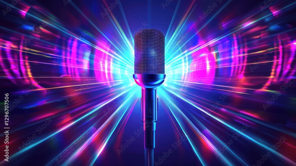 Poster a clean vector illustration of a podcast microphone with sound waves emanating outward.
