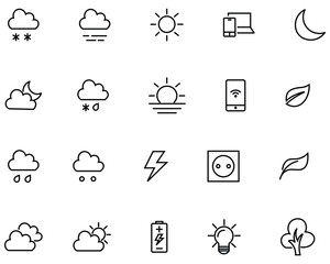 Fototapeta premium Weather editable stroke outline icons set. Summer, rainy day, spring, night star, degree, wind, leaf fall, snow, rainbow icon set. Vector Illustration. 