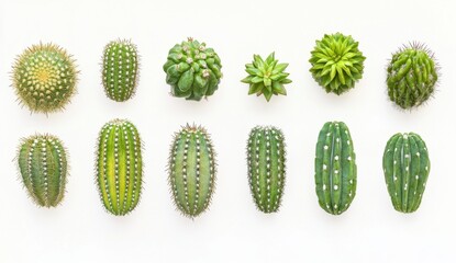 Fototapeta premium Diverse Collection of Cacti and Succulents on White Background