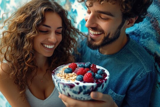 Happy couple sharing a delicious berry and granola smoothie bowl, a healthy and delightful treat. - Powered by Adobe