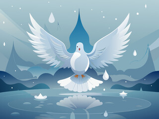 White Dove in Flight – Peaceful Sky with Reflective Water and Ethereal Light in Minimalist Vector Art Style