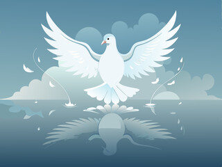 White Dove in Flight – Peaceful Sky with Reflective Water and Ethereal Light in Minimalist Vector Art Style