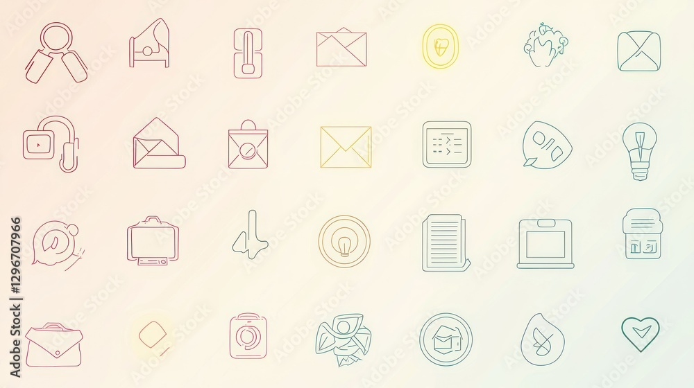 Poster A collection of thin-line icons in pastel shades, creating a soft and approachable business theme.
