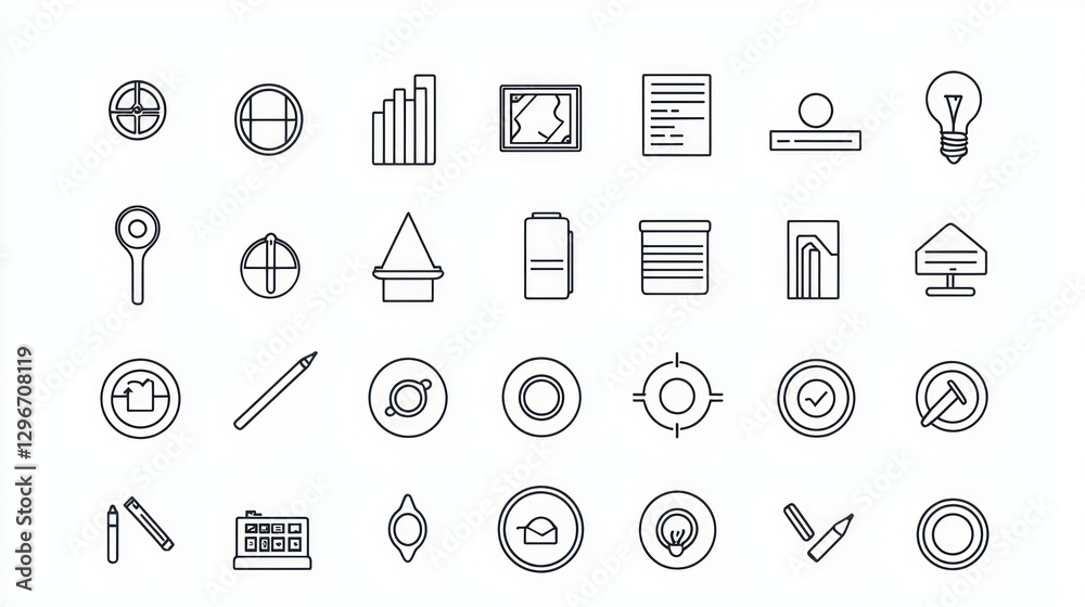 Poster a collection of thin-stroke business icons, neatly arranged on a white background for a clean look.