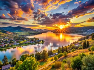 Obraz premium Okanagan Sunrise: Panoramic Kalamalka Lake & Vernon Cityscape