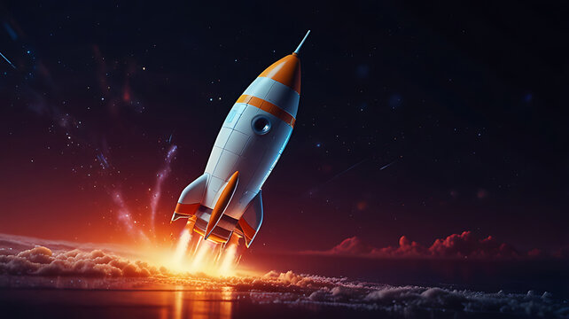 A colorful rocket launches into the starry sky