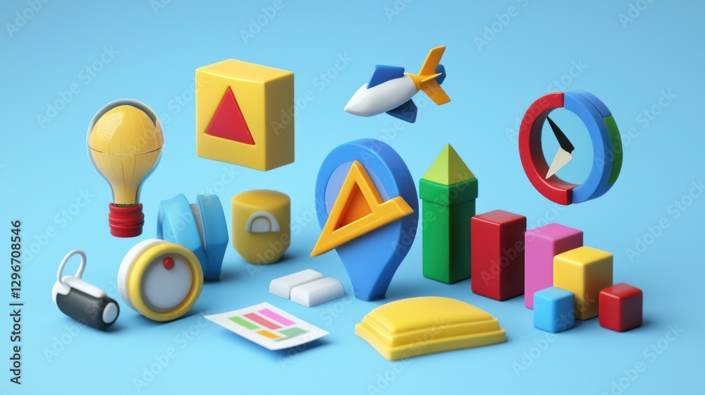Poster a colorful and playful collection of 3d icons, representing various aspects of business strategy.