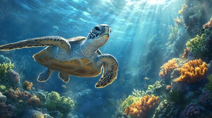 Fototapeta premium Sea Turtle Gliding Through Vibrant Coral Reef