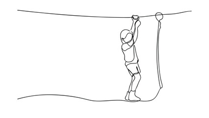 A singleline drawing depicts a child navigating a high wire rope course, showcasing balance, grip strength, and adventurous spirit. The image uses minimal lines for a clean, dynamic effect.