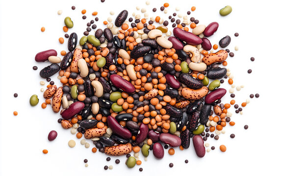 Scattered mixed beans, a montage of various types of legumes including red and black speckled beans, occupying the center of an isolated white background