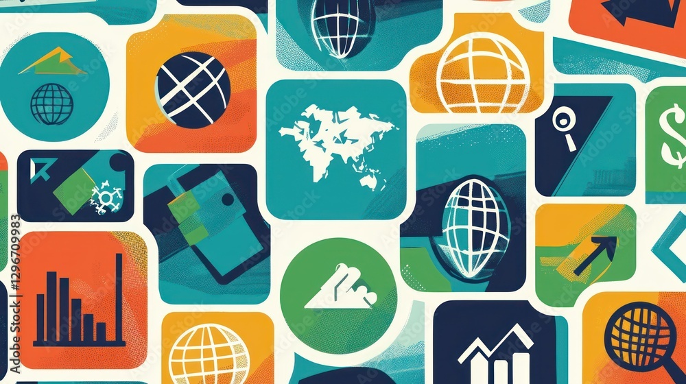 Poster a colorful icon set featuring globes, international trade symbols, and global networking concepts.