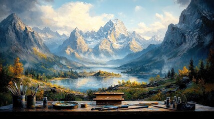 Majestic mountain lake landscape viewed from an artist's easel.