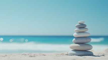 Fototapeta premium A balanced stack of stones sits on the sandy beach