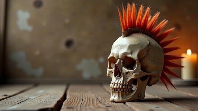 A skull with a vibrant mohawk rests on weathered wood, illuminated by a soft glow.