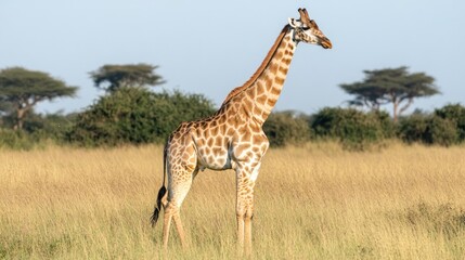 Obraz premium Single giraffe in the middle of a large grassland, its long neck rising above the horizon