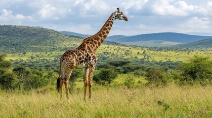 Obraz premium Single giraffe in the middle of a large grassland, its long neck rising above the horizon