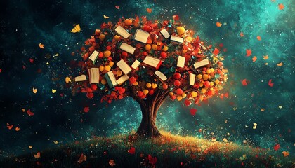 Artistic tree of knowledge with books as fruits