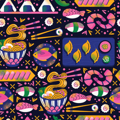 Japanese food seamless pattern with sushi, ramen, dumplings, shrimp, fish, and chopsticks on dark background. Vector illustration isolated. Asian cuisine and traditional Japanese dishes concept