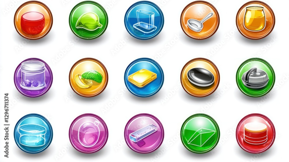 Poster A colorful set of round icons with drop shadows, representing everyday objects and concepts.