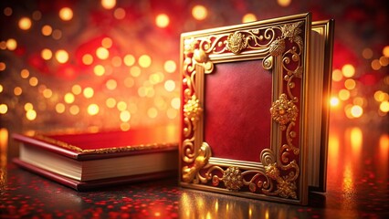 Ornate Gold Frame Book Cover Mockup - Red Background Bokeh Effect