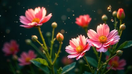 Delicate Pink Cosmos Blossoms in Soft Sunlight with Gentle Raindrops Falling