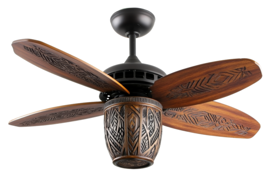 A decorative ceiling fan featuring wooden blades with intricate tribal carvings and a rustic finish, combining functionality with artistic craftsmanship.