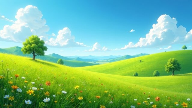 Serene Meadow Landscape Rolling Hills, Lush Green Grass, and Vibrant Wildflowers Under a Sunny Sky